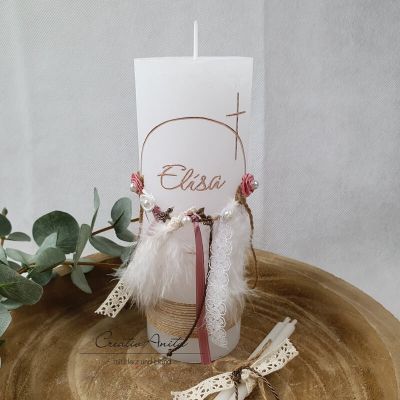 Taufkerze Rustikkerze -Boho-Stil- Mädchen Weiß-Rosegold - romantisch